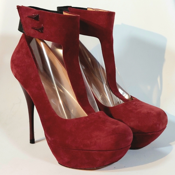 L.A.M.B. Burgundy suede Blade T-strap stiletto platform pumps, 9.5, never worn - Picture 3 of 16